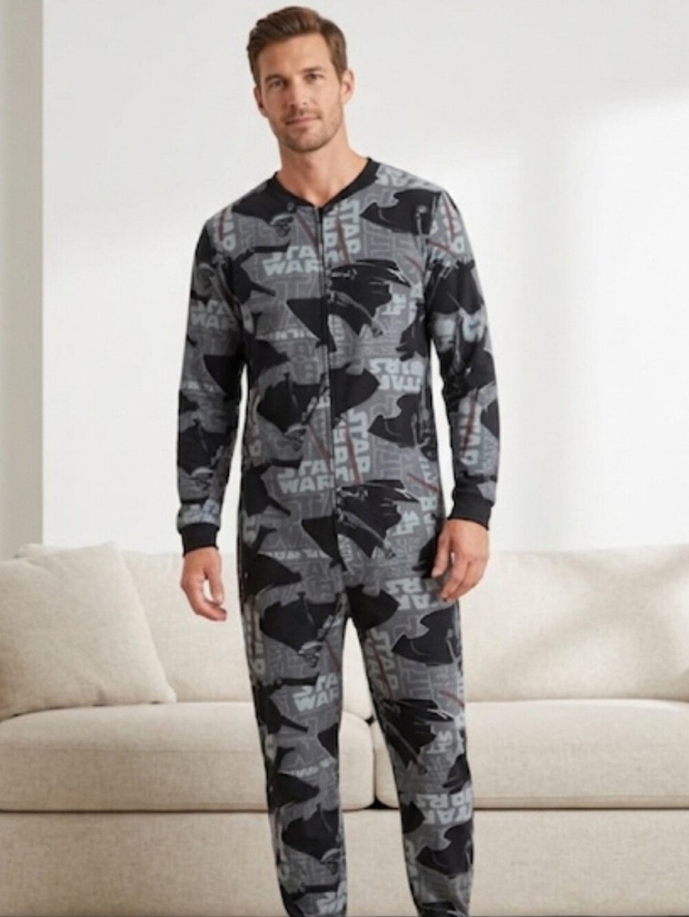 Star Wars Black & Gray Men’s One-Piece Footie Pajama